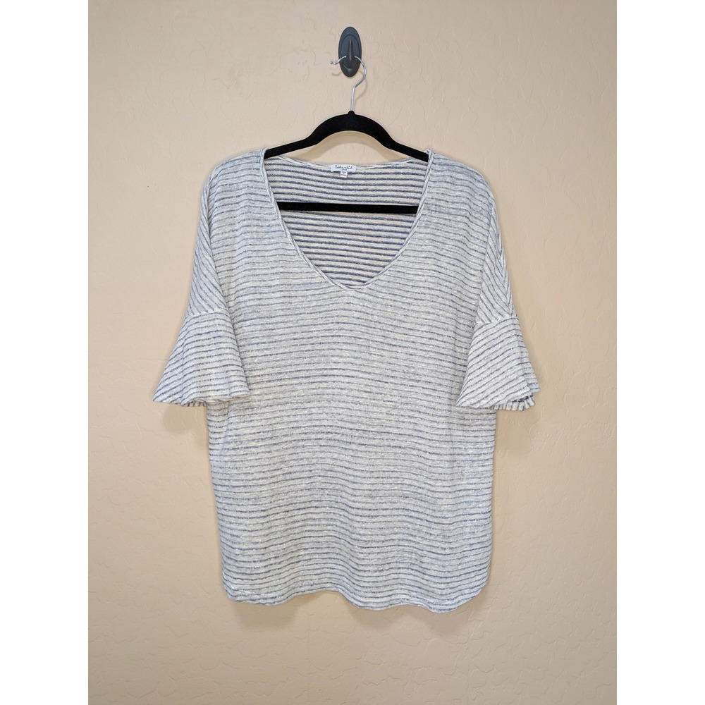 Splendid Linen Blend Striped V-Neck Flutter Bell Sleeve Top Blue White Large